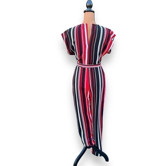 Almost Famous Red Black Multi Striped Short Sleeve Pants Jumpsuit Junior Medium - Picture 6 of 10